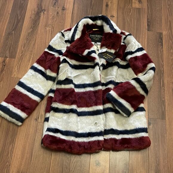 Juicy Couture Black Label Burgundy Stripe Faux Fur Button Coat Size Small - Picture 10 of 10
